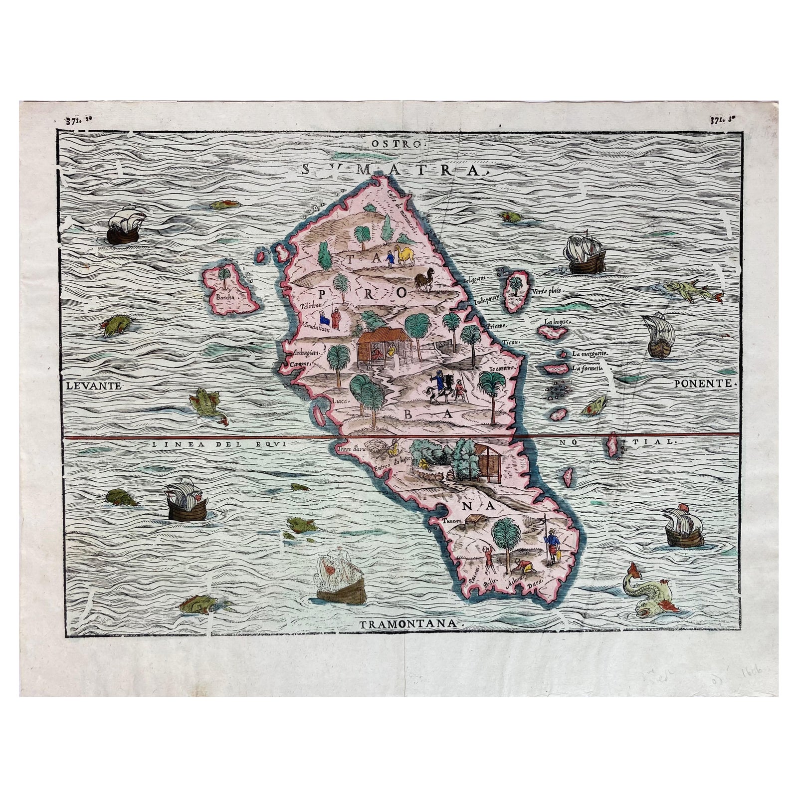 1606 Hand-Colored Woodcut Map of Sumatra from Ramusio’s Delle Navigationi
