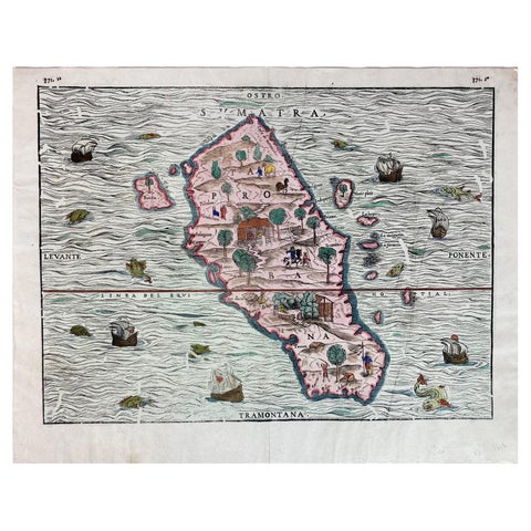1606 Hand-Colored Woodcut Map of Sumatra from Ramusio’s Delle Navigationi