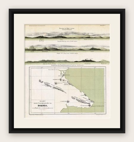 Antique Map of Eastern Borneo, Indonesia with Views of Mountain Ranges, c.1875, shown framed