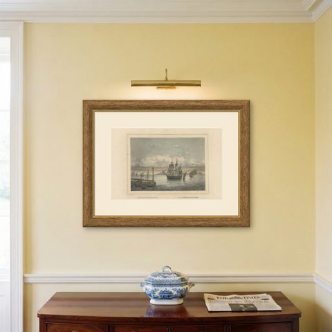 Old Print of Ships near Anyer & Krakatoa in the Sunda Straits, Indonesia, 1844, shown framed on a wall, true to size