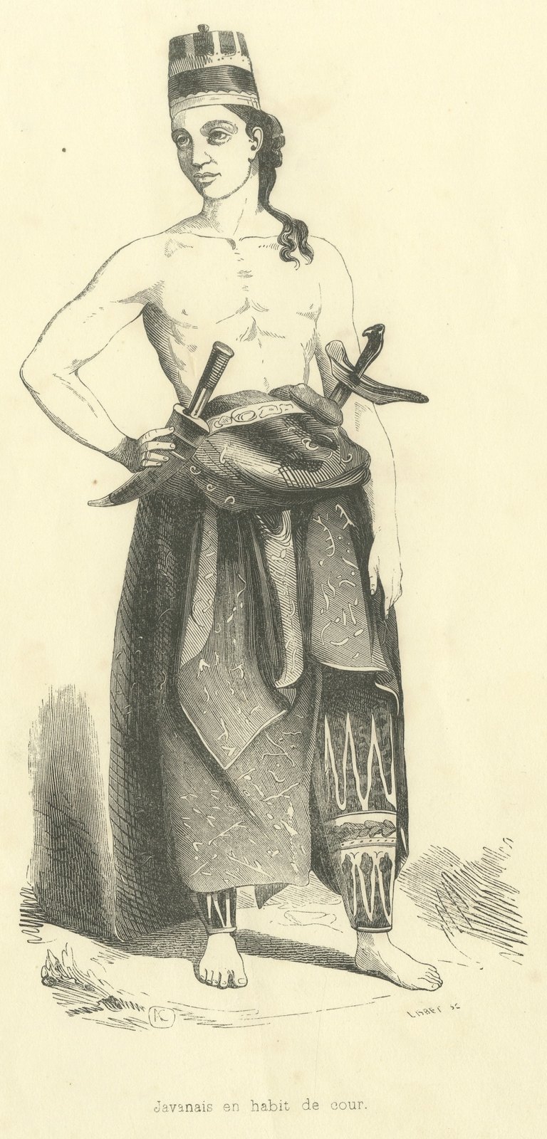 Javanese Man in Court Dress, Antique Wahlen Costume Print, 1843-1844