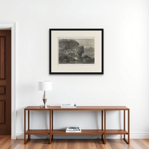 Rare Old Lithograph of the Assault of a Fort in Borneo, Indonesia, ca.1850, shown framed on a wall, true to size