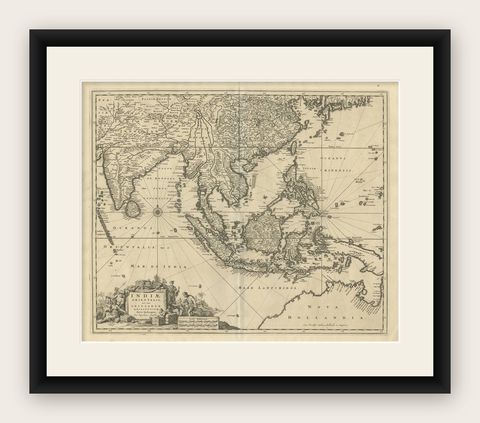 Antique Map of Southeast Asia 'India, Indonesia' by N. Visscher, circa 1670, shown framed