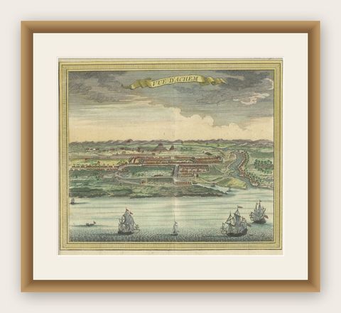 Antique Print with a View of Aceh, Sumatra in Indonesia, shown framed