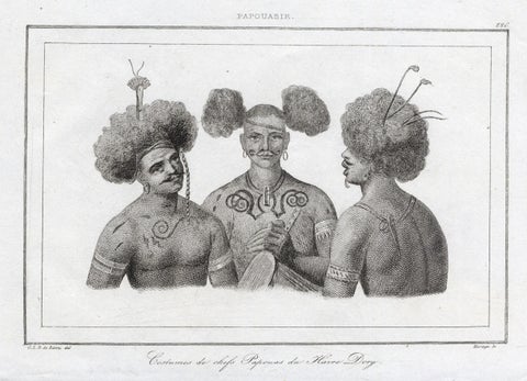 Antique Print of Costumes of Papua Chiefs, 1836, close-up 1