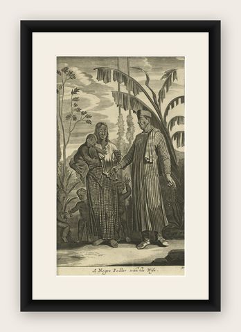 Old Print of A Pedler in Indonesia with Wife and Children, 1744, shown framed