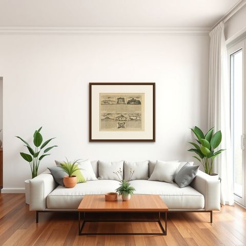 Antique Print of Forts and Views of the East Indies by Chatelain (1719), shown framed in a room, true to size