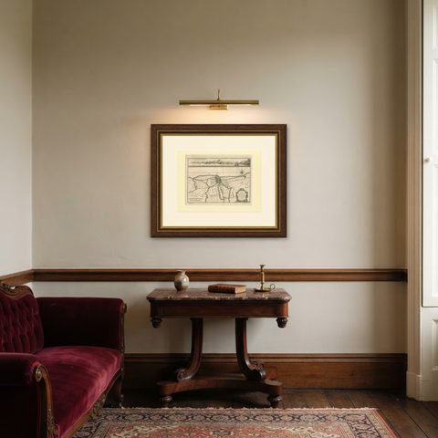 Old Engraving of Batavia 'Jakarta, Indonesia' with Map and Harbour View, 1750, shown framed in a room, true to size