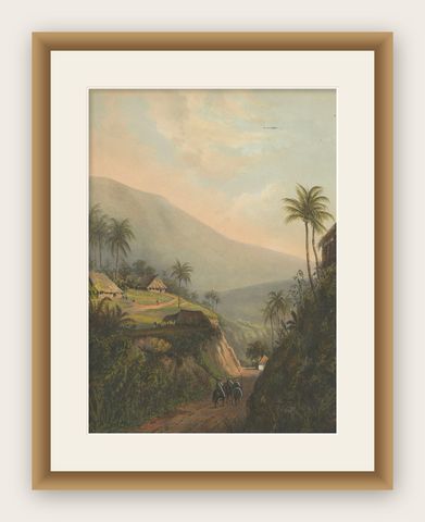 Mountain Road to the Salak Valley, Java, Colonial Landscape Lithograph, 1872, shown framed